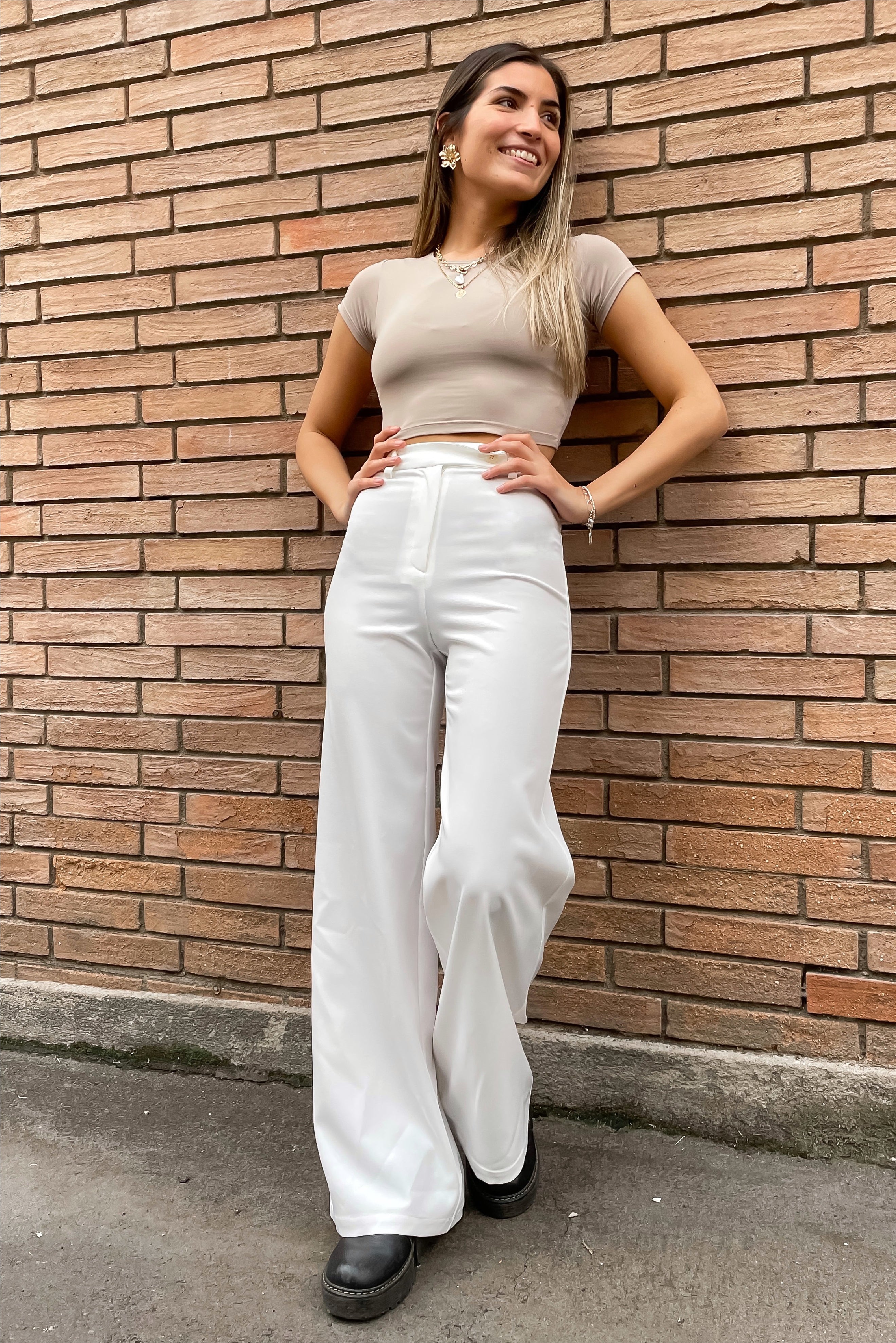 Pantalon Blanco Mujer Tiro Alto Pipa Tienda MCP